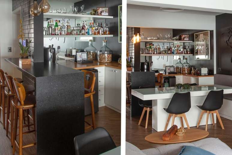 O balc&atilde;o com banquetas cria um espa&ccedil;o descontra&iacute;do para receber convidados (Projeto: Cristiane Schiavoni | Imagens: Luis Gomes)