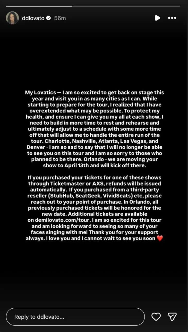 Demi anunciou em suas redes sociais (via stories no Instagram) o cancelamento de 5 datas de sua nova turn&ecirc;