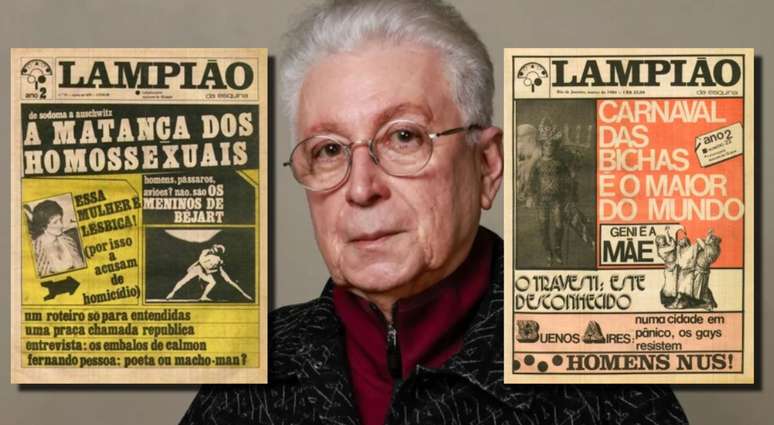 O autor de 'Tr&ecirc;s Gra&ccedil;as', Aguinaldo Silva, entre duas edi&ccedil;&otilde;es de hist&oacute;rico jornal LGBT+ publicado na ditadura militar