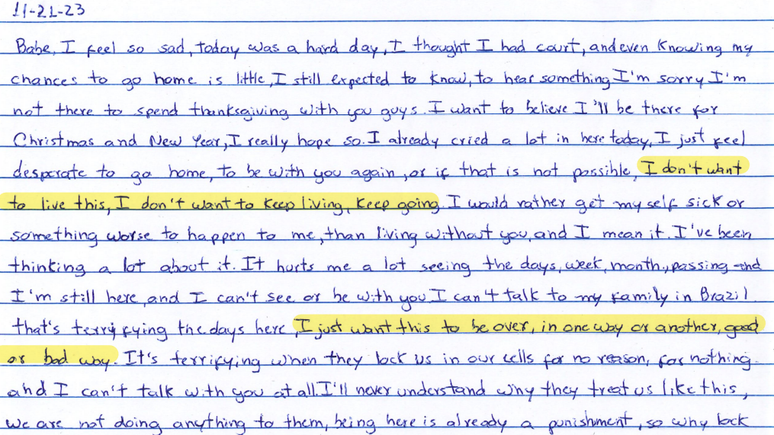 Em uma carta escrita da pris&atilde;o, endere&ccedil;ada a Brendan, Juliana diz que 'n&atilde;o quer viver dessa forma' e que deseja que tudo acabe, 'de uma forma ou de outra'