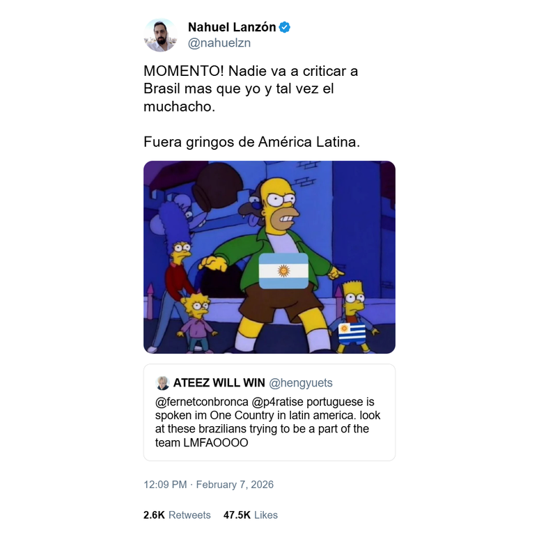 O argentino Nahuel Lanz&oacute;n foi um dos hermanos a defender a honra latina do Brasil: 'PERA A&Iacute;! Ningu&eacute;m vai criticar o Brasil mais do que eu. Fora gringos da Am&eacute;rica Latina'