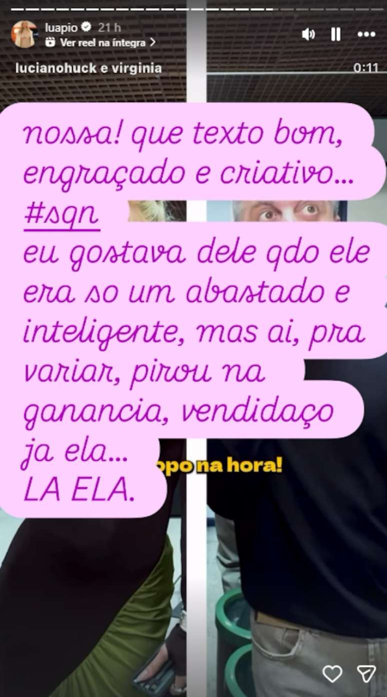 Luana Piovani criticou Luciano Huck ap&oacute;s v&iacute;deo com Virginia Fonseca divulgado nas redes sociais