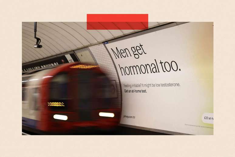 Propaganda no metr&ocirc; de Londres: 'Sentindo-se irrtado? Pode ser testosterona baixa. Fa&ccedil;a um teste em casa'