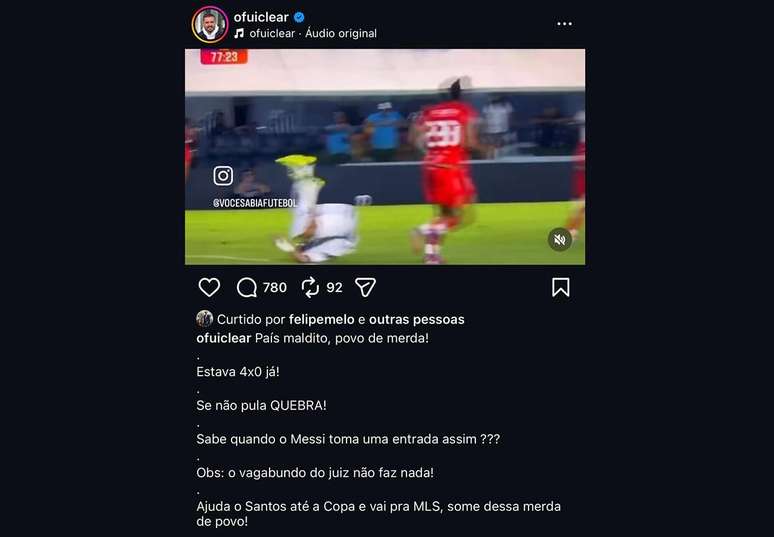 Post do influenciador Fui Clear sobre entrada no camisa 10 durante o jogo contra o Velo Clube &ndash;