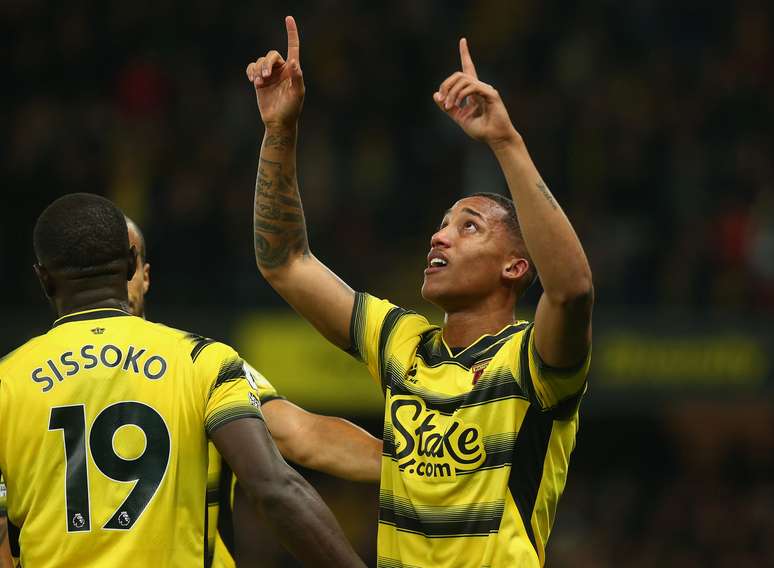 WATFORD, ENGLAND - NOVEMBER 20: Joao Pedro of Watford FC celebrates after scoring their team's third goal during the Premier League match between Watford and Manchester United at Vicarage Road on November 20, 2021 in Watford, England. (Photo by Charlie Crowhurst/Getty Images)