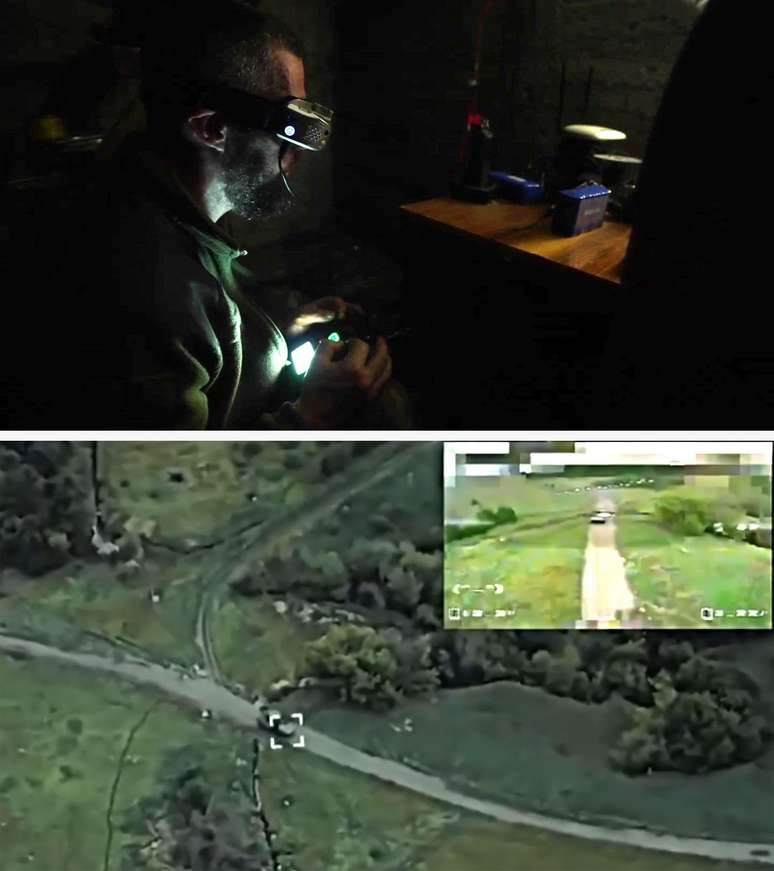 Operador de drones ucraniano dirige um drone FPV usando um capacete de realidade virtual