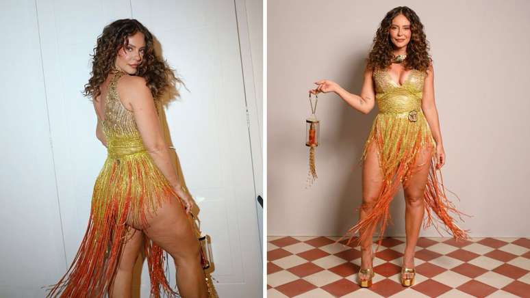 Paolla Oliveira escolheu look dourado para curtir o carnaval na Sapuca&iacute;