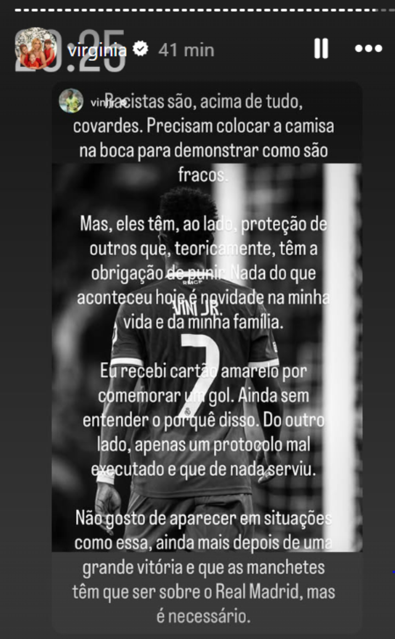 Virginia compartilha texto de Vini Jr.