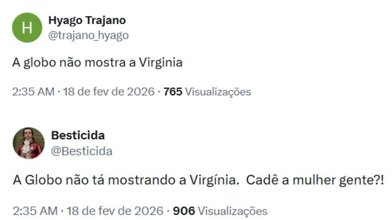 Usu&aacute;rios do X comentaram sobre Globo n&atilde;o mostrar Virginia