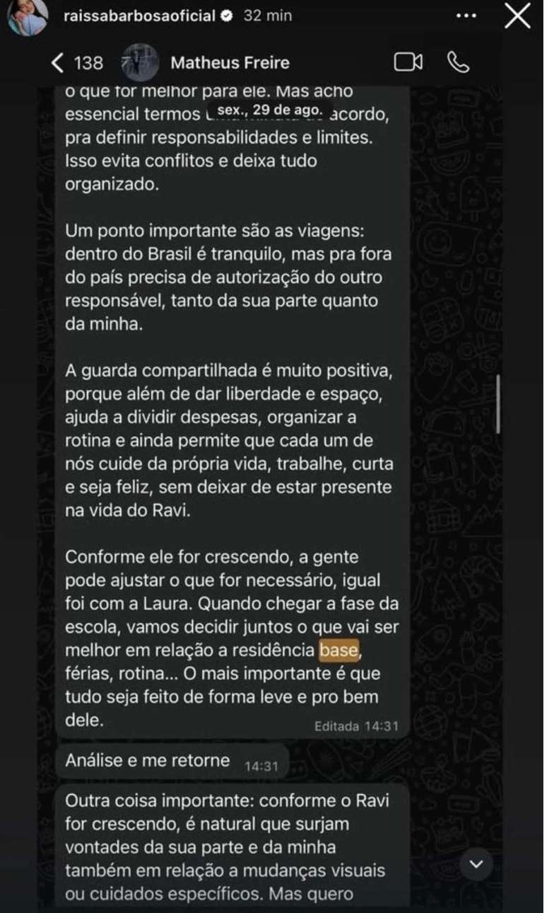 Raissa Barbosa exp&ocirc;s as exig&ecirc;ncias feitas por Matheus Freire