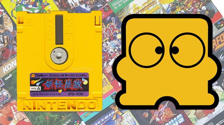 Disquete do jogo Youkai Yashiki ao lado de Disk-kun, o mascote oficial do Famicom Disk System