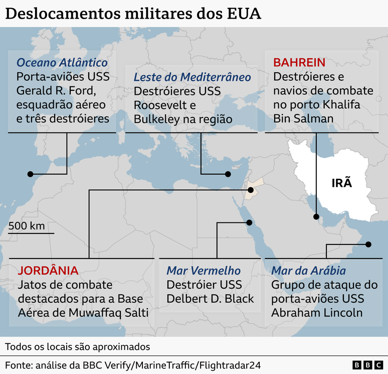 Mapa dos deslocamentos militares americanos em dire&ccedil;&atilde;o ao Oriente M&eacute;dio