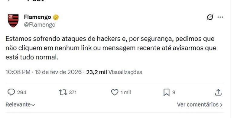 ஃபிளமெங்கோ தனது X கணக்கில் ஹேக்கர் தாக்குதலை அறிவித்தது –