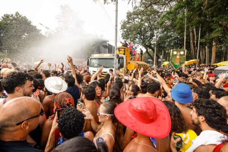 Jato d'&aacute;gua refresca foli&otilde;es no bloco Navio Pirata, no Ibirapuera.