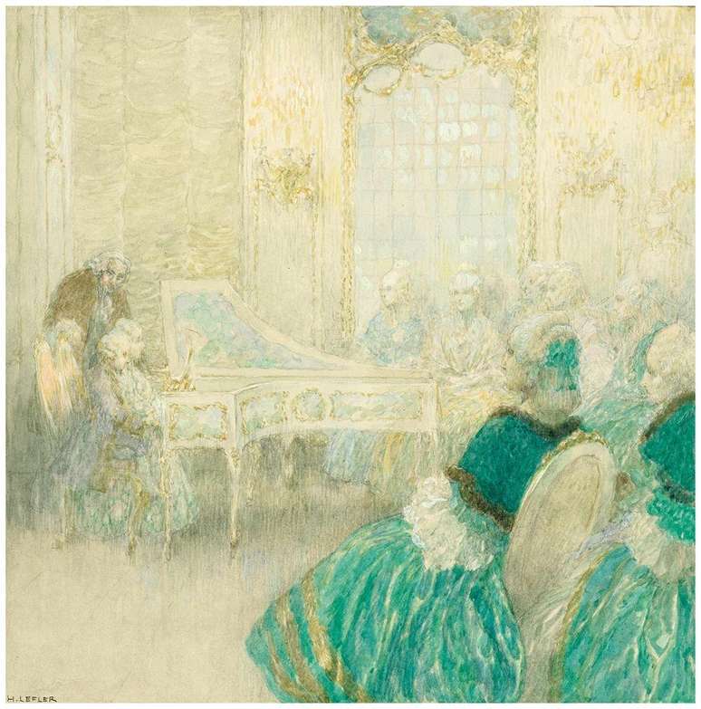 Os dois irm&atilde;os Mozart, lado a lado, dando um concerto em 1762. Obra do artista Heinrich Lefler.