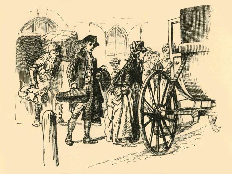 Uma ilustra&ccedil;&atilde;o que apareceu em "Story-Lives of Great Musicians" de F.J. Rowbotham, mostrando o jovem Wolfgang em uma viagem com sua m&atilde;e