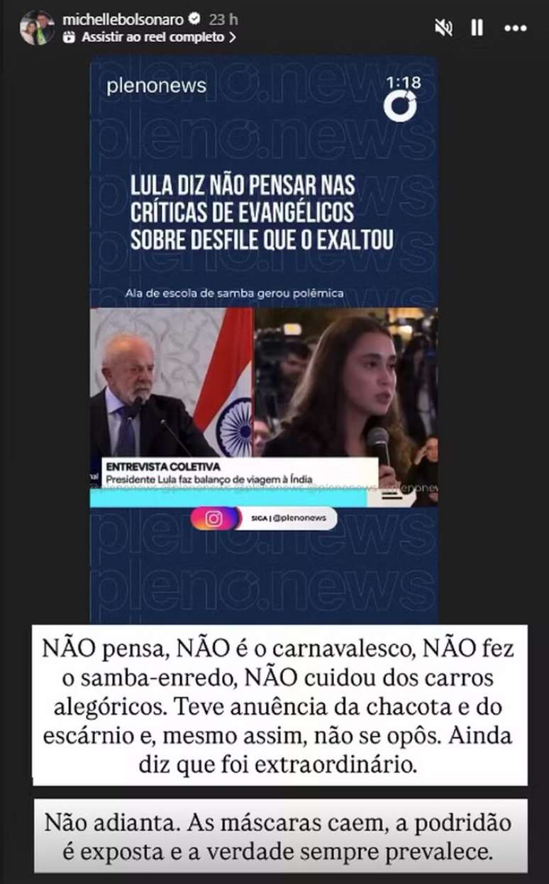 Michelle Bolsonaro critica Lula por "n&atilde;o pensar" nos evang&eacute;licos em desfile de carnaval