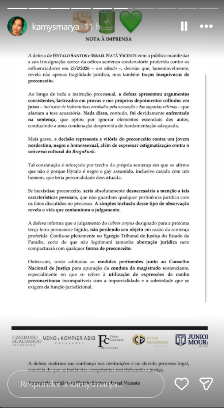 Comunicado divulgado pela defesa de Hytalo Santos e Israel Vicente