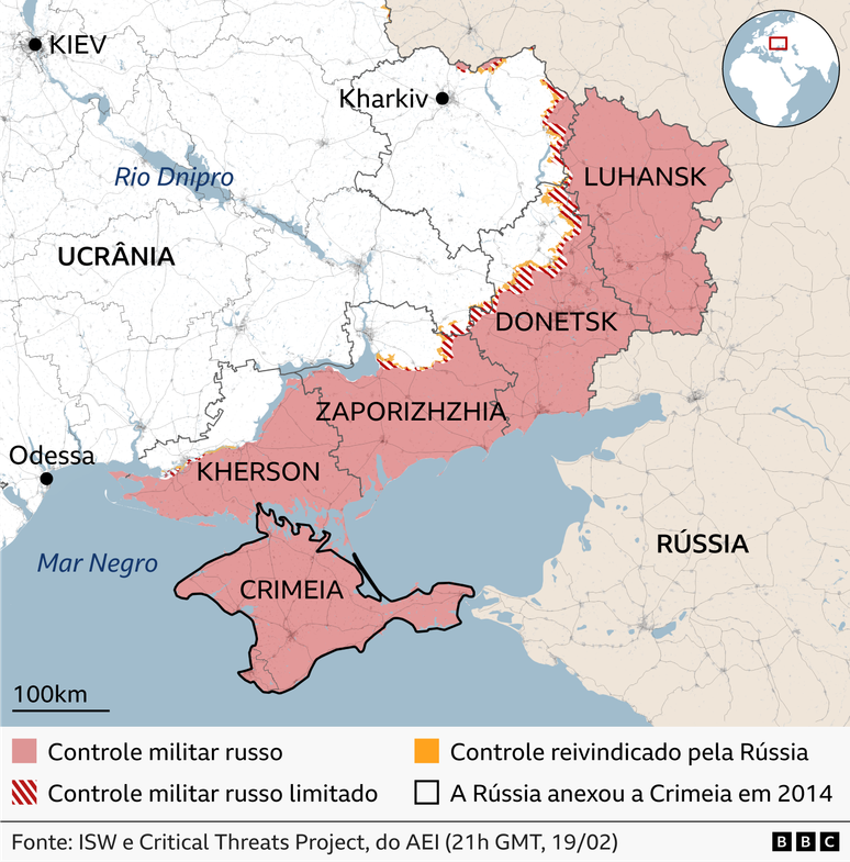 Mapa mostra quais &aacute;reas do leste da Ucr&acirc;nia est&atilde;o sob controle militar russo ou sob controle russo limitado