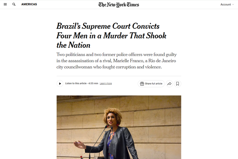 O The New York Times deu destaque &agrave;s condena&ccedil;&otilde;es no caso do assassinato da vereadora Marielle Franco