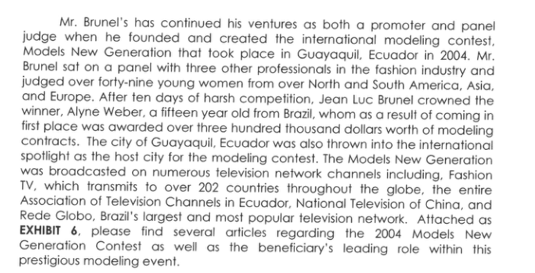 Em pedido de visto para os EUA, que integra processo judicial, Brunel ressaltou a cria&ccedil;&atilde;o de concurso Models New Generation e a vit&oacute;ria de Aline Weber