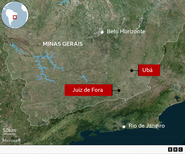 Mapa mostra localiza&ccedil;&atilde;o de Juiz de Fora e Ub&aacute; no estadod e Minas Gerais