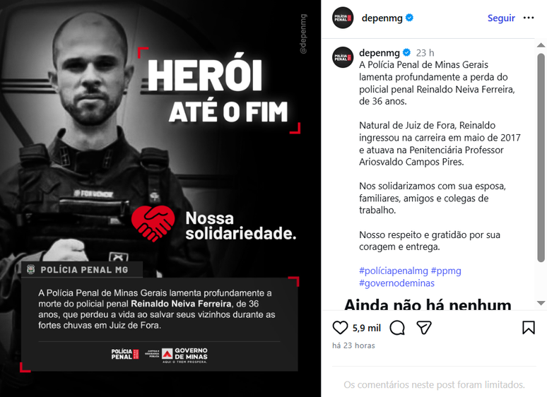 Em nota publicada nas redes sociais, o Departamento Penitenci&aacute;rio de Minas Gerais (Depen-MG) lamentou a morte do policial penal