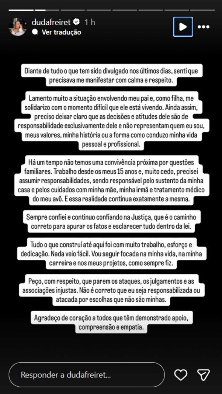 Em seu Instagram, influenciadora Duda Freire fala sobre a pris&atilde;o de seu pai em Goi&acirc;nia