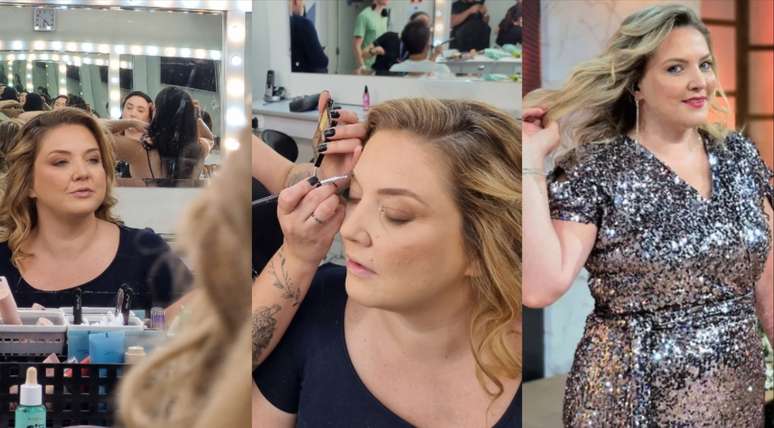 A apresentadora na fase de prepara&ccedil;&atilde;o para entrar no ar ao vivo no 'Aparecida Sertaneja'