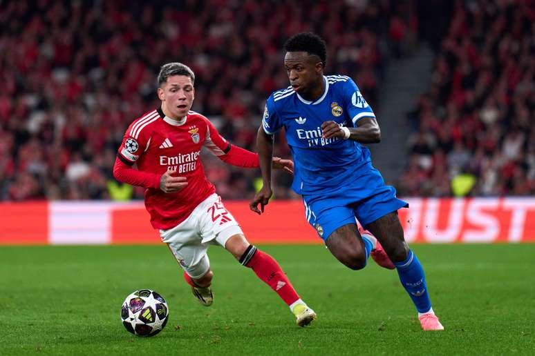 LISBON, PORTUGAL &ndash; FEBRUARY 17: Vinicius Junior, do Real Madrid e Gianluca Prestianni do SL 