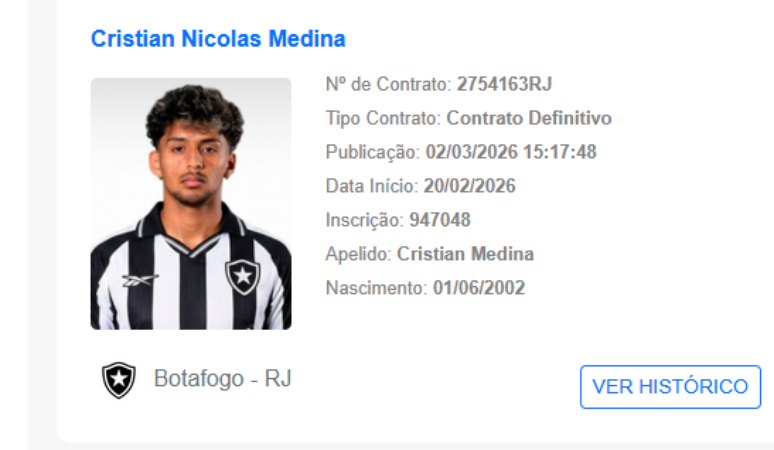 Medina foi regularizado pelo Botafogo 