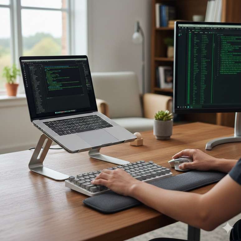 Notebook posicionado sobre um suporte elevado, acompanhado de um teclado e mouse externos sobre a mesa para manter o alinhamento dos punhos.