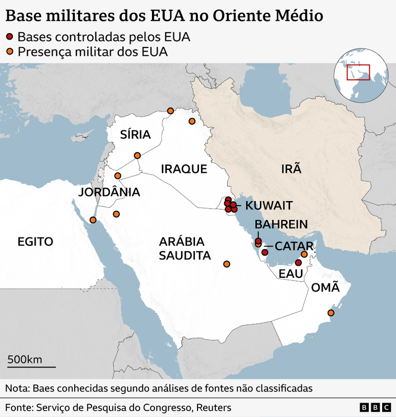 Mapa mostra bases militares dos EUA no Oriente M&eacute;dio, que se estende por pa&iacute;ses como Ar&aacute;bia Saudita, Bahrein, Catar, Kuwait e Emirados &Aacute;rabes Unidos