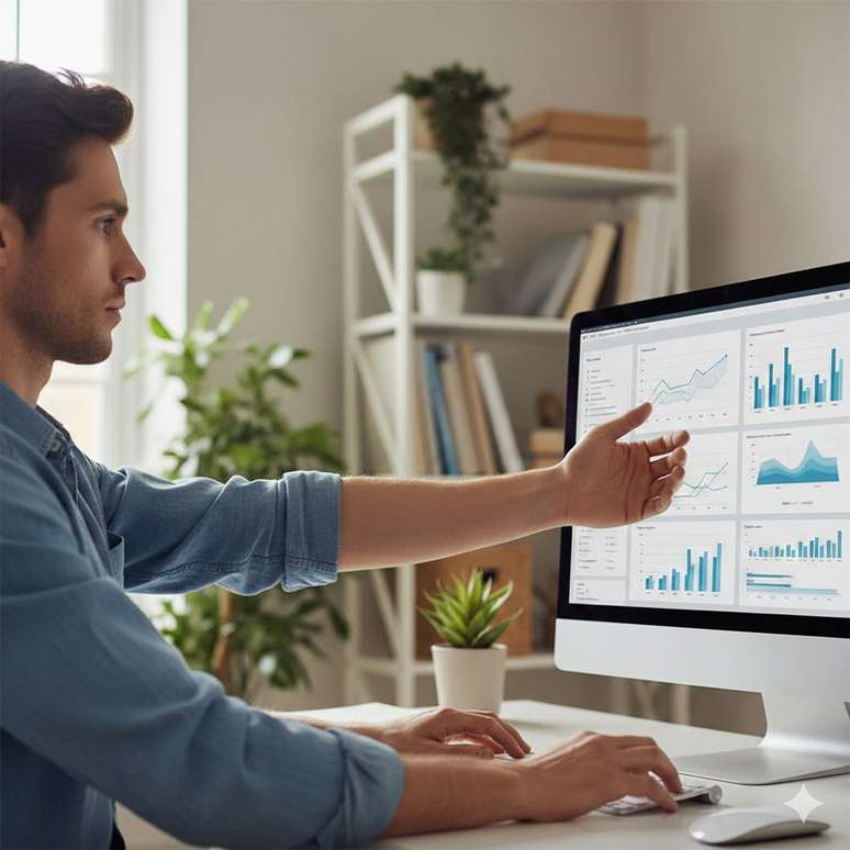 Tela do computador alinhado &agrave; altura dos olhos e a dist&acirc;ncia de um bra&ccedil;o entre o rosto e o monitor