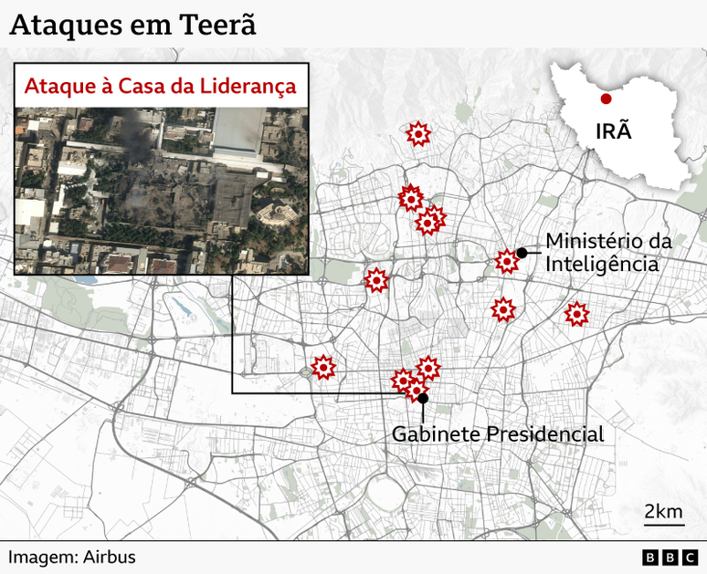 Mapa mostra a localiza&ccedil;&atilde;o dos ataques em Teer&atilde;, pr&oacute;ximos a &aacute;reas estrat&eacute;gicas