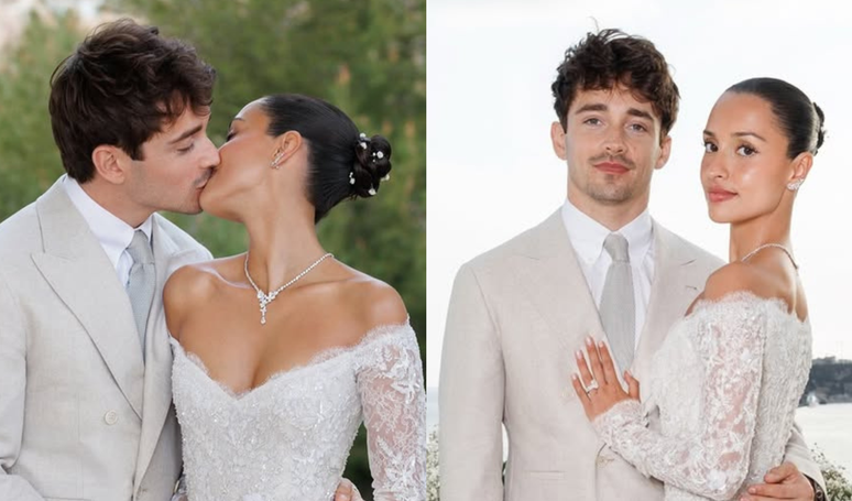 Vestido de noiva sereia e passeio em Ferrari de 200 milh&otilde;es: + de 15 fotos do casamento de luxo do piloto Charles Leclerc com Alexandra Saint-Mleux em M&ocirc;naco.