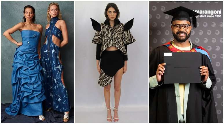 Pe&ccedil;as criadas pelo estilista e ele no dia da formatura no renomado Istituto Marangoni em Londres