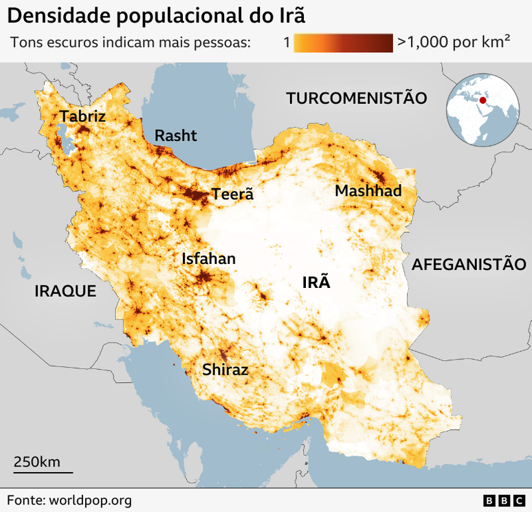 Mapa regional destaca o Ir&atilde; em branco com seu nome em preto, mostrando Teer&atilde; no norte do pa&iacute;s, com Tabriz e Rasht no noroeste, Mashhad no nordeste e Isfahan ao sul da capital. Shiraz, no sul, tamb&eacute;m est&aacute; marcada. Os pa&iacute;ses vizinhos est&atilde;o em cinza.