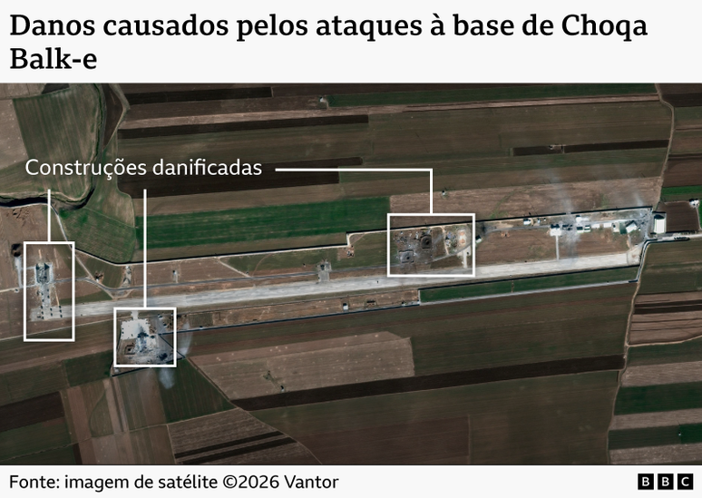 Imagem de sat&eacute;lite mostra tr&ecirc;s constru&ccedil;&otilde;es danificadas na base de drones de Choqa Balk-e, no Ir&atilde;