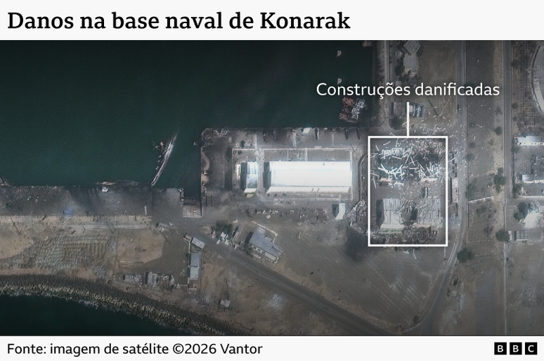 Imagem de sat&eacute;lite destacando constru&ccedil;&otilde;es destru&iacute;das na base naval de Konarak, no Ir&atilde;