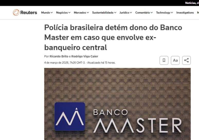Ag&ecirc;ncia Reuters noticia pris&atilde;o de Daniel Vorcaro dono do Banco Master