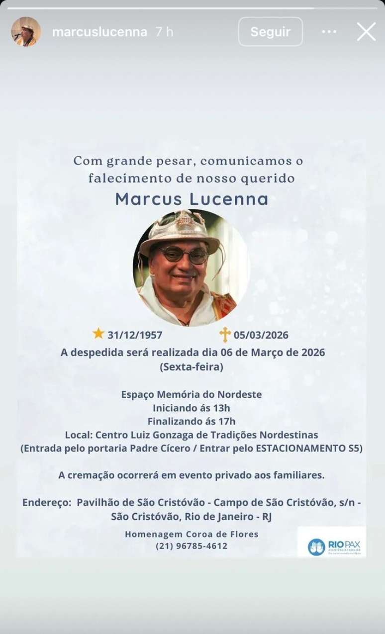 Story a respeito da morte de Marcus Lucenna.