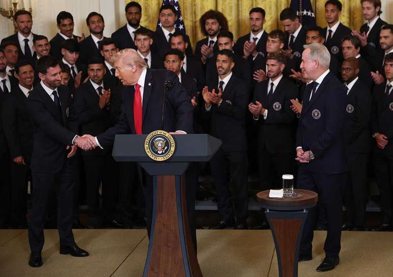 WASHINGTON, DC &ndash; MARCH 05: (L-R) Lionel Messi of Inter Miami CF shakes hands with U.S. President Donald Trump as Inter Miami CF CEO and Managing Owner Jorge Mas looks on during an event celebrating the 2025 MLS Cup Champions Inter Miami CF in the East Room of the White House on March 05, 2026 in Washington, DC. Inter Miami defeated the Vancouver Whitecaps 3-1 to win their first MLS Cup championship. (Photo by Win McNamee/Getty Images)