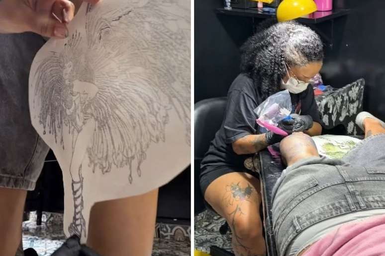 Nina, tatuadora, mostrando decalque | Nina tatuando a perna de Clayton