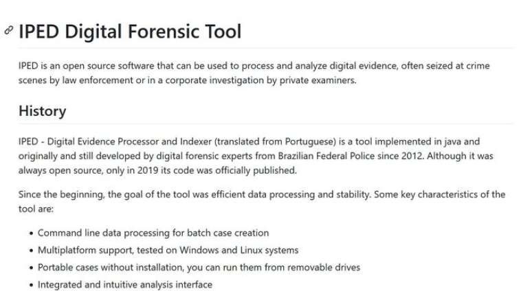 P&aacute;gina do IPED no GitHub tem o hist&oacute;rico e a chamada 'documenta&ccedil;&atilde;o' de funcionamento do programa