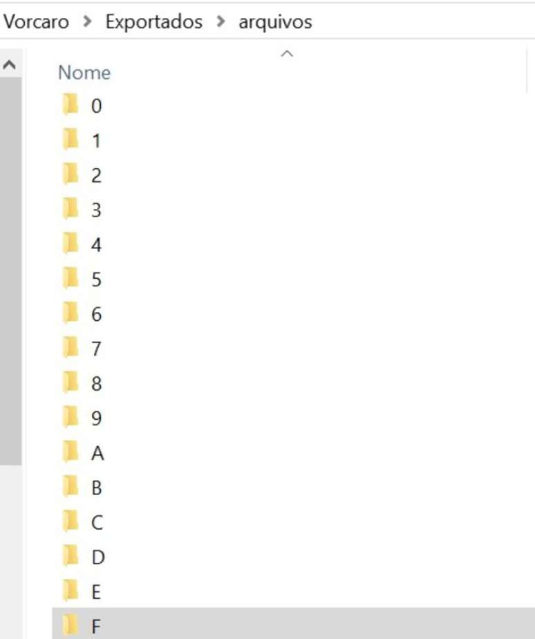 Nome das subpastas dentro de "arquivos" &eacute; definido pelo primeiro d&iacute;gito da sequ&ecirc;ncia alfanum&eacute;rica do hash