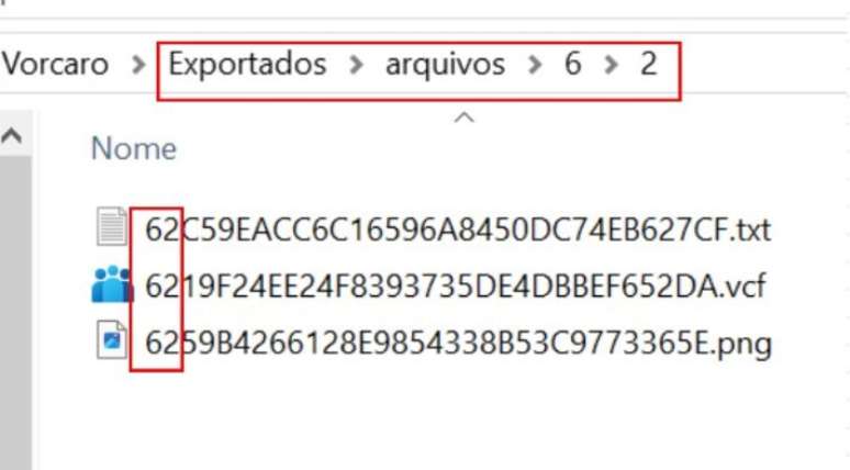 Pasta com tr&ecirc;s arquivos, um deles um referente a contato de Antonio Rueda, no formato VCF, est&atilde;o na mesma pasta, o que por si s&oacute; n&atilde;o indica qualquer rela&ccedil;&atilde;o; proximidade &eacute; explicada pela sequ&ecirc;ncia inicial do hash, o 'nome dos arquivos'