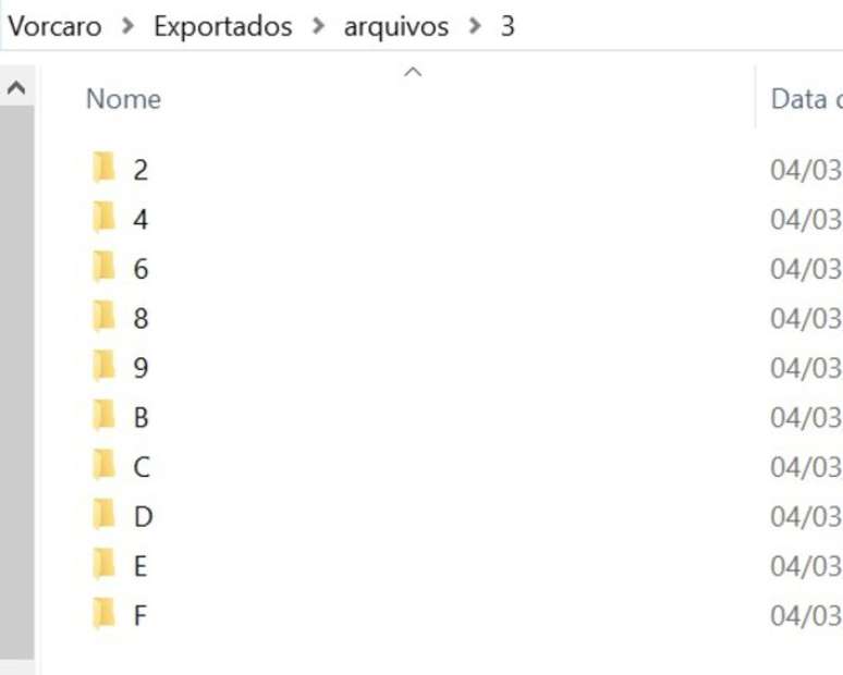 Visualiza&ccedil;&atilde;o das subpastas dentro da pasta "3"; todas geradas pelo IPED com base na sequ&ecirc;ncia do hash dos arquivos