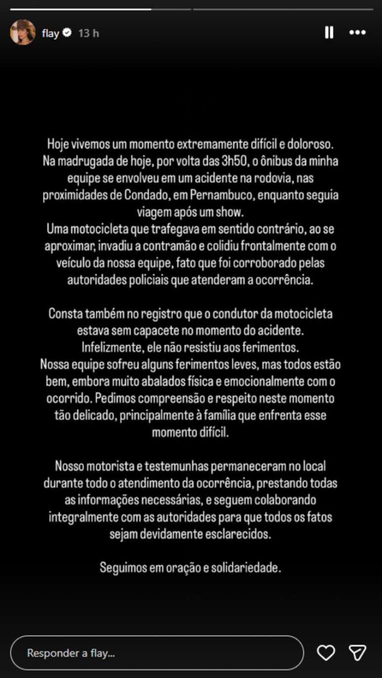 Ex-BBB afirmou que equipe teve apenas ferimentos leves ap&oacute;s acidente com motociclista