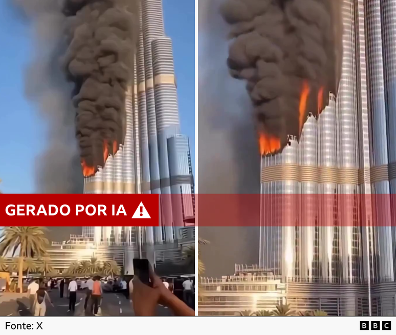 రెడ్ లేబుల్ “AI-జెనరేటెడ్”తో AI రూపొందించిన వీడియో యొక్క రెండు స్క్రీన్‌షాట్‌లు